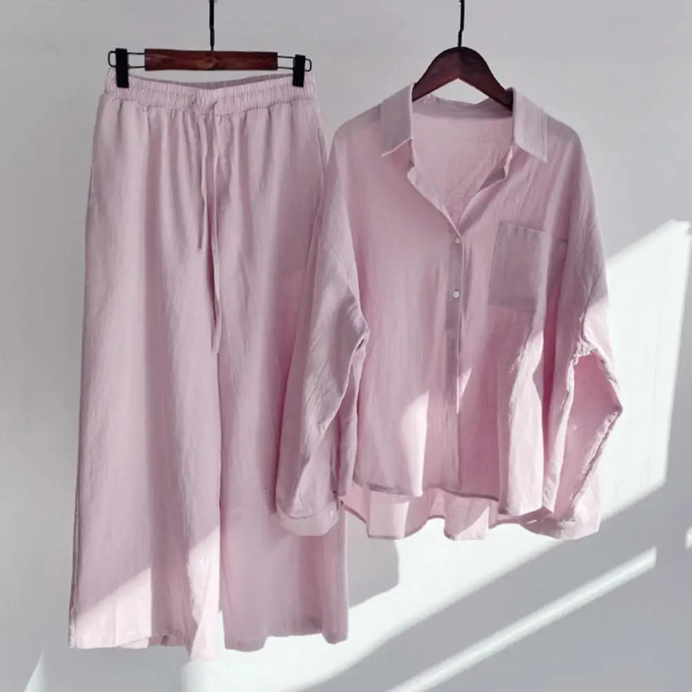 2 PcsSet Fabulous Women Blouse Trousers Set Turndown Collar Tops Pants Suit Drawstring Two Pieces 240329