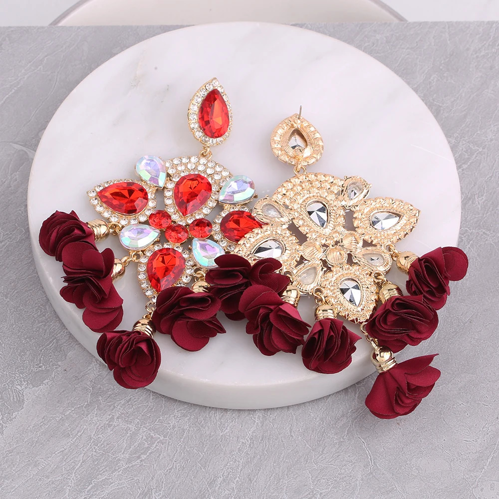Indian Womens Floral fringe Bohemian Earrings Large Rhinestone Pendant Crystal Declaration Earrings Fashion Jewelry Gifts 241031