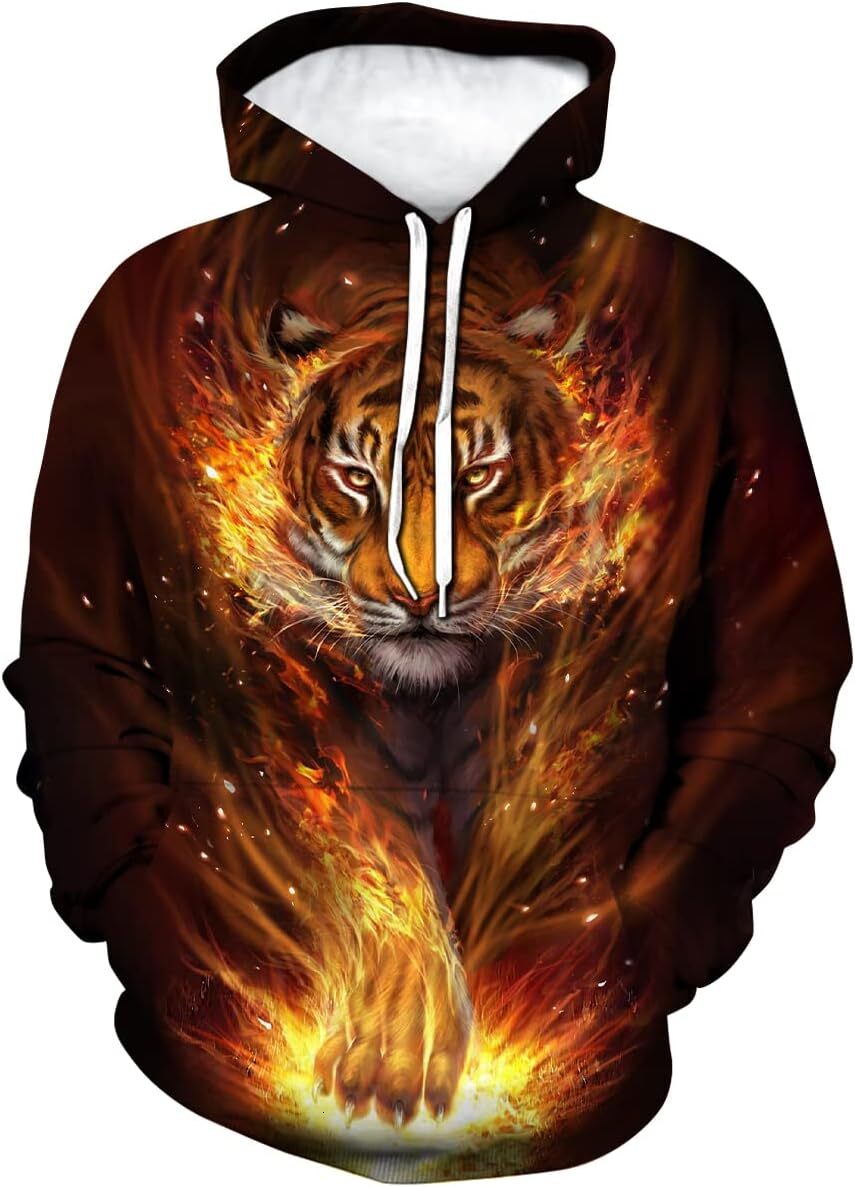 Hoodie for Mens Womens Mens Tiger Hoodie Autumn Winter Long Sleeve Pullover Fantasy Animal Theme Sweatshirt Realistic Graphic Hoodie Graphic Trendy Fa