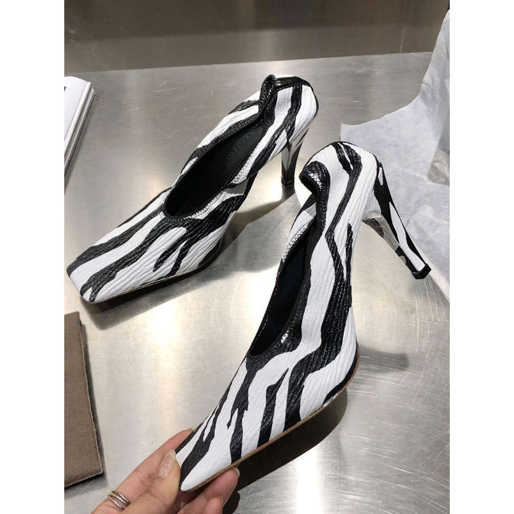French Retro Single New Zebra Pattern Square Head High Slim Heels Comfortable Soft Leather Women's Shoes 241107