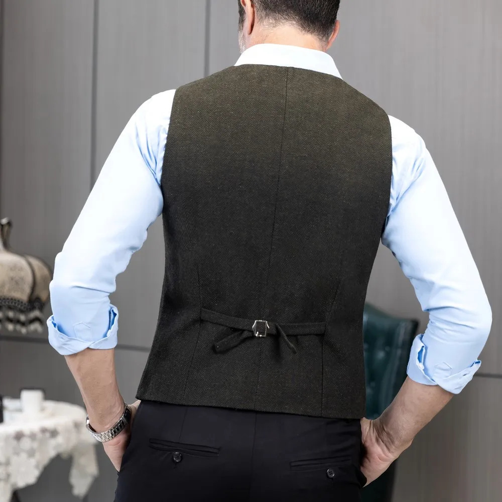 V Neck Mens Suit Vests Herringbone Wool Tweed Double Breasted Waistcoat Tuxedo Groomsmen For Wedding 241031
