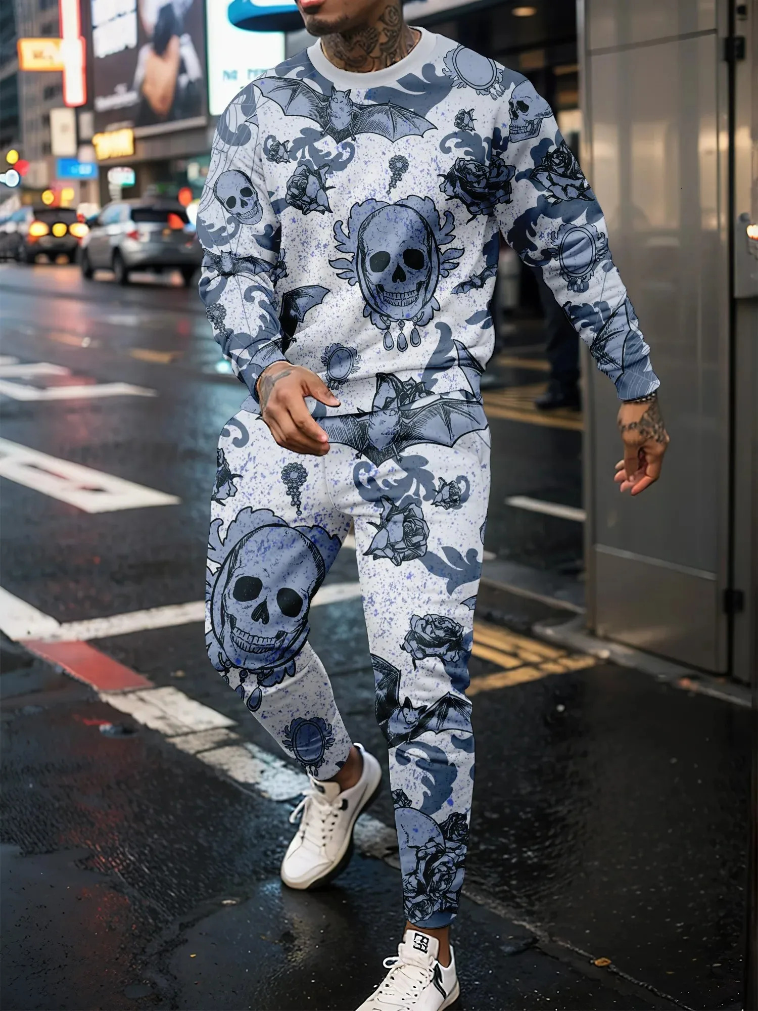 Latest Retro Mens Tracksuit Set 3D Skull Printed Personalized Pullover Long Pants Street Youth Fashion Loose High Quality Sets 241024