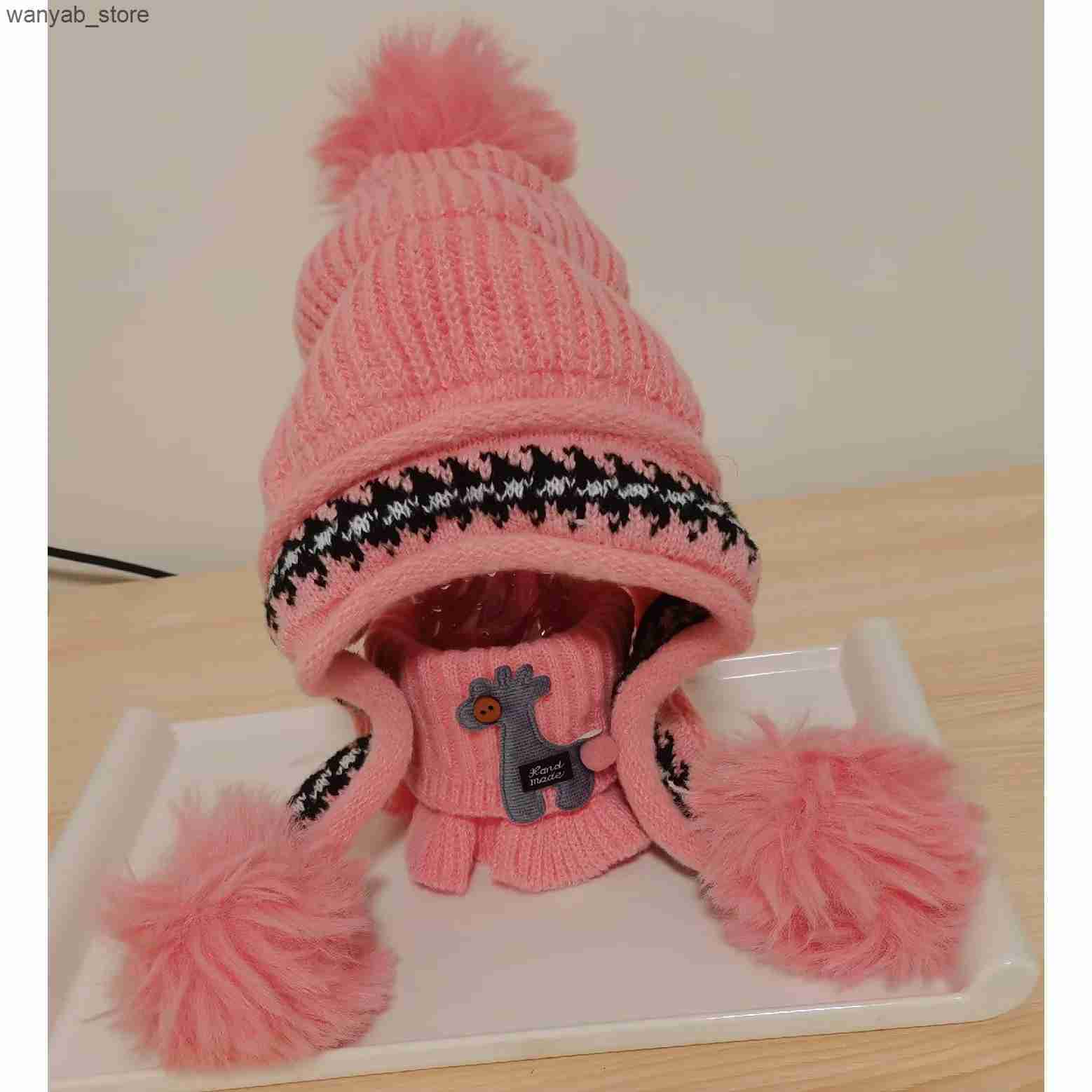 Wide Brim Hats Bucket Hats 3-10years kids princess hat Cute little girls knitted hat warm ear protection hat knitted scarf L240910