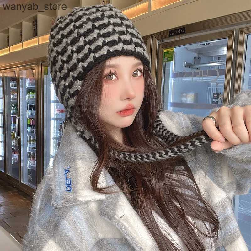 Wide Brim Hats Bucket Hats 2023 New Cute Ear Protection Knitted Skull Hat Womens Autumn and Winter Japanese Wild Hand-crocheted Warm Beanie Cap Mujer 
