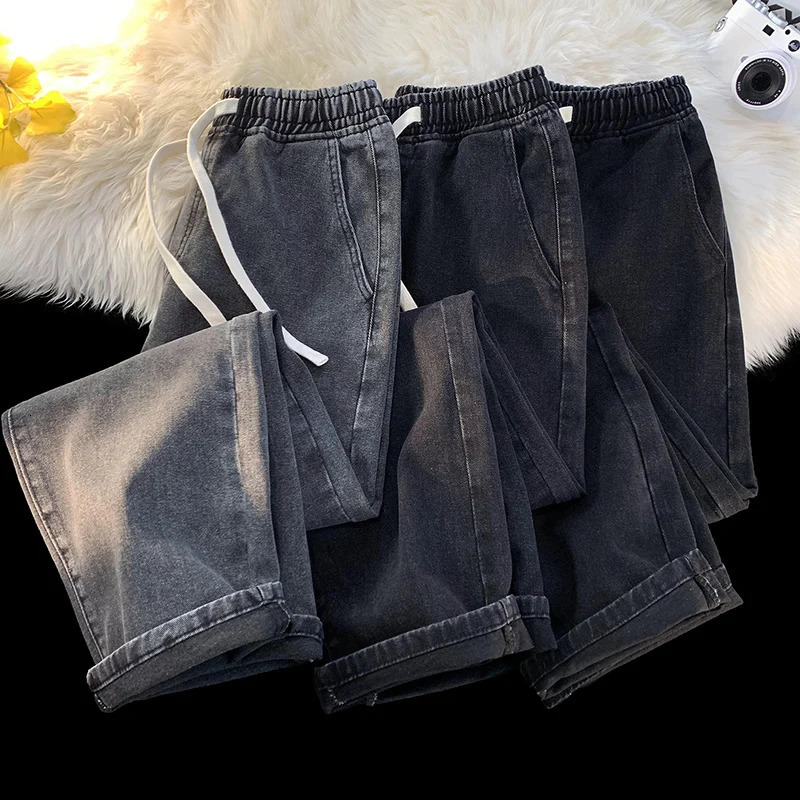 Autumn Jeans Mens Baggy Straight Drawstring Elastic Waist Personality Fashion Vintage Denim Trousers Streetwear 3XL 241024