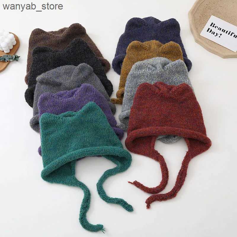 Wide Brim Hats Bucket Hats Women winter Beanies Cute Warm Hat Solid Knitting Cap Ear-protected Skullies Female Sweat Hat With Cat-ears L240910