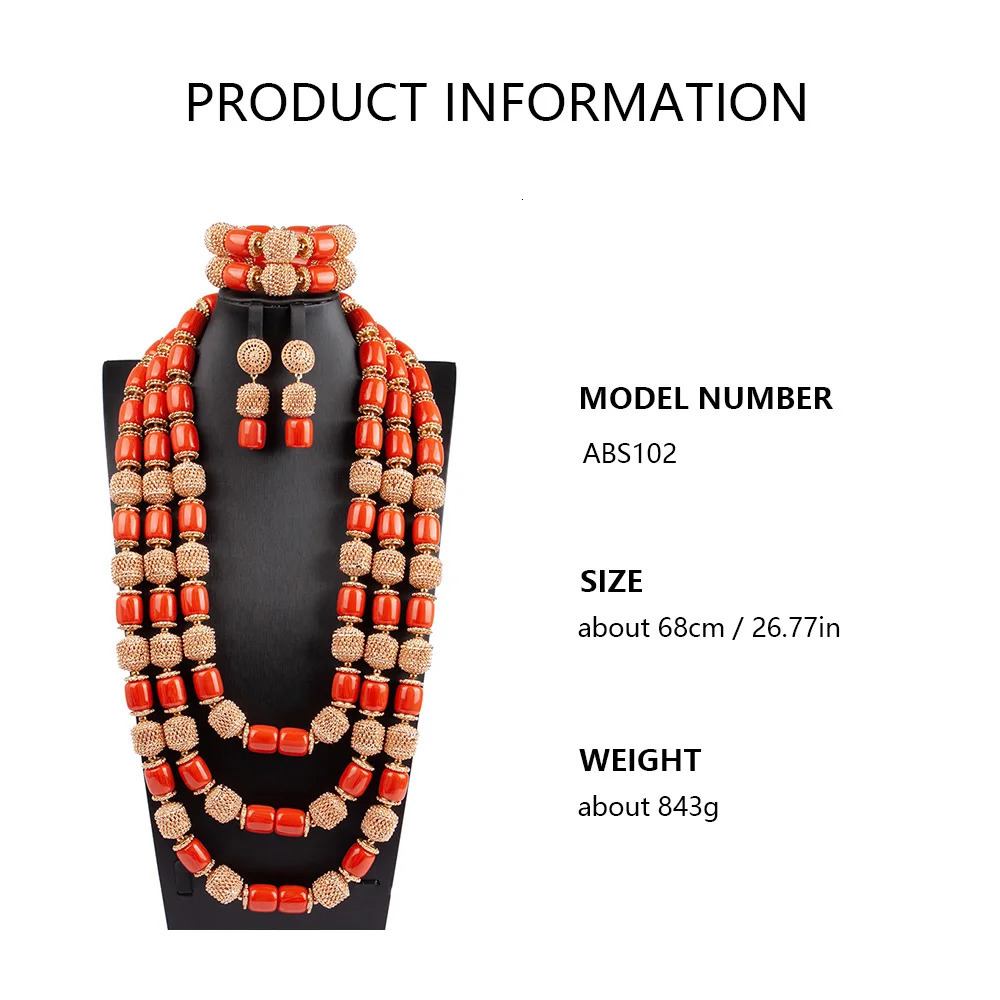 Fashionable 3-layer womens necklace earring bracelet set African Nigerian wedding artificial coral bead jewelry set free delivery 241031