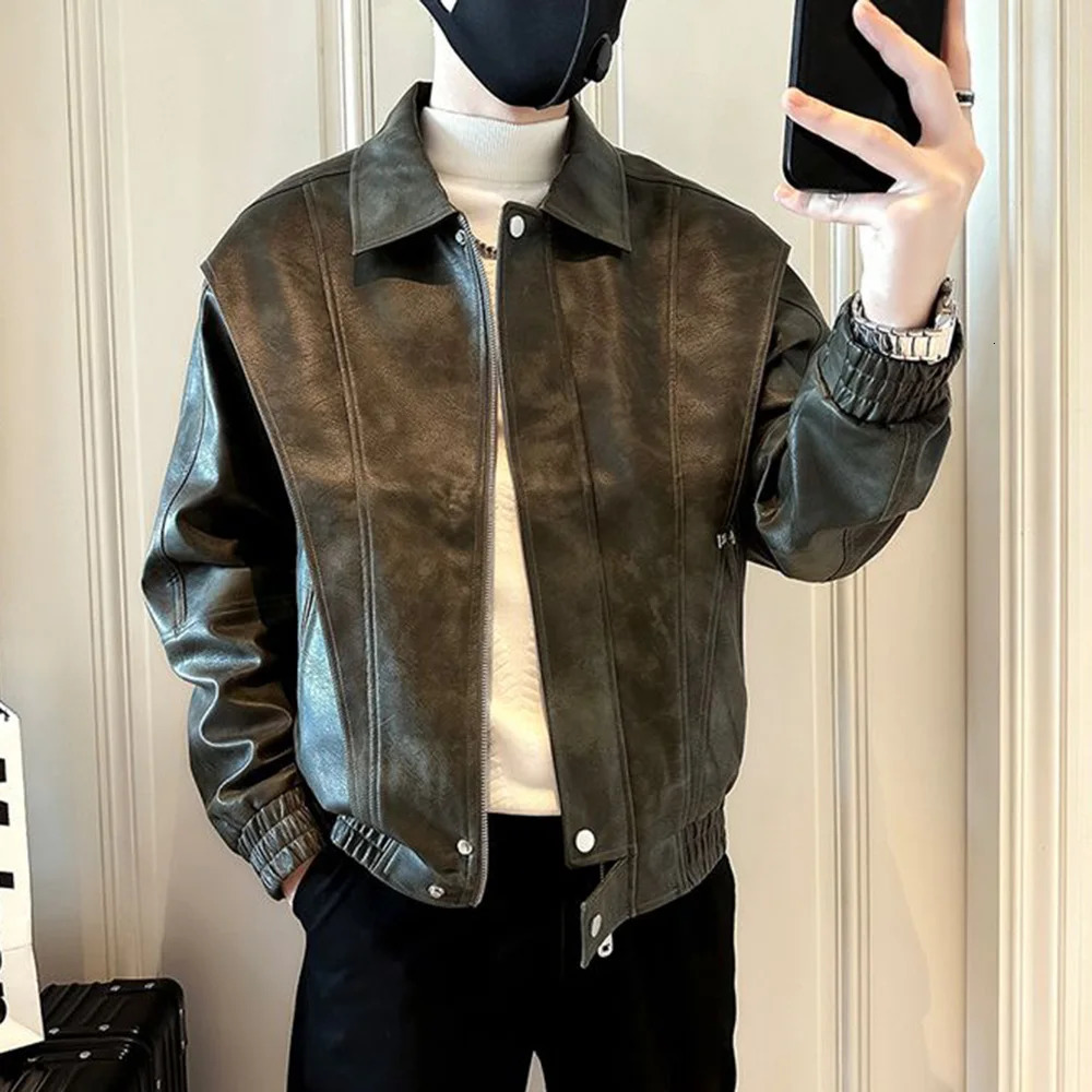 Mens leather jacket pocket zipper leather jacket autumn casual streetwear trend daily top mens unisex 241031