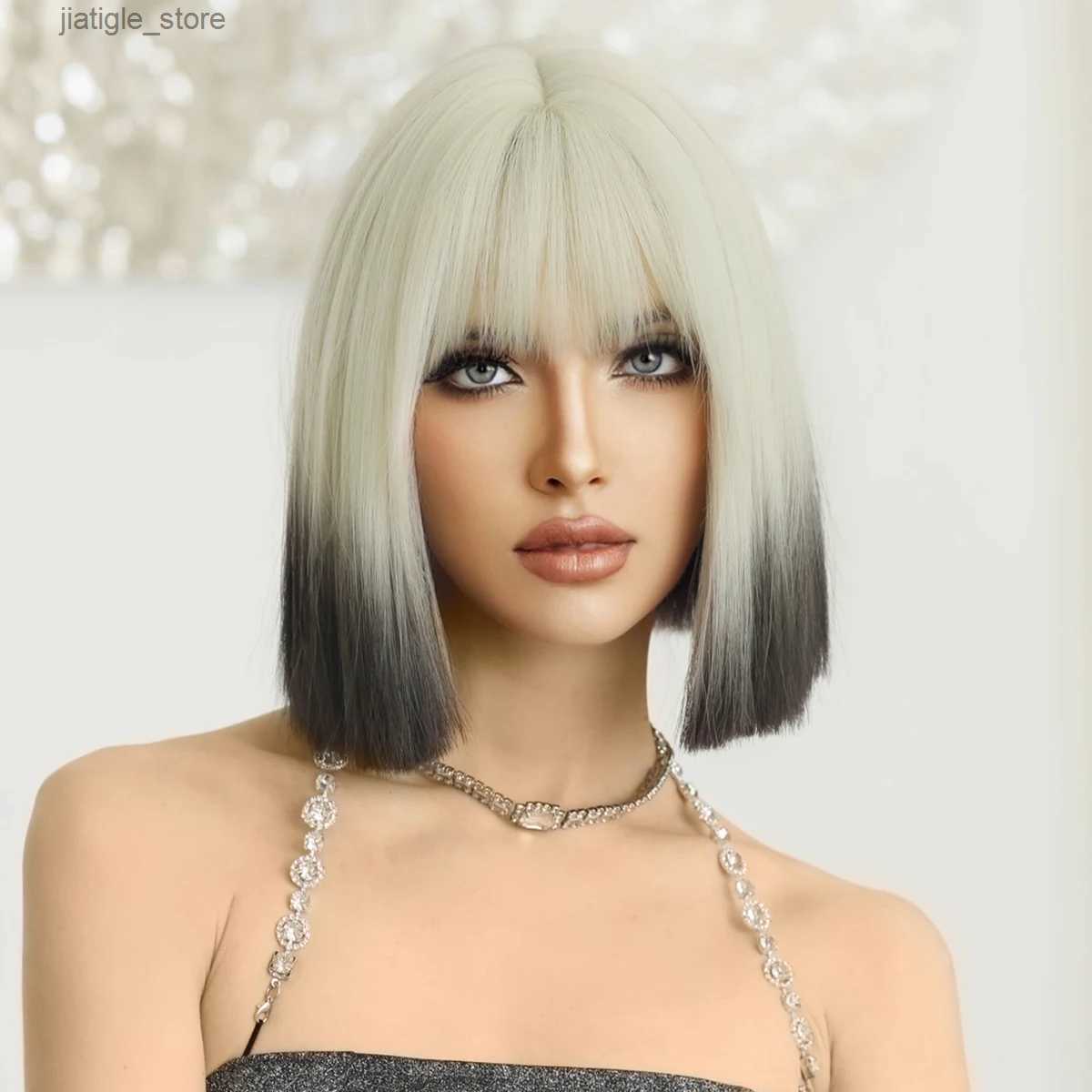 Synthetic Wigs NAMM Short Beige Wigs With Bangs Natural Synthetic Hair Wig for Women Daily Cosplay Lolita Party Hair Tail Dyed Black Wig Y240401