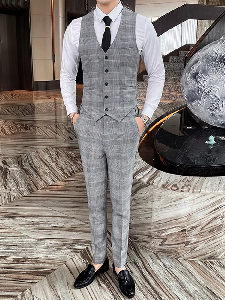 Jacket Vest Pants Spring Autumn Thick Houndstooth Plaid Formal Business Men's Groom Wedding Dress Stage Slim Suit
