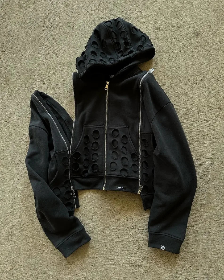 Y2K Hollow Zipper Hooded Sweatshirt Men Women Clothing Harajuku Gothic Detachable Sleeves Black Hoodie Hole Tops 241031