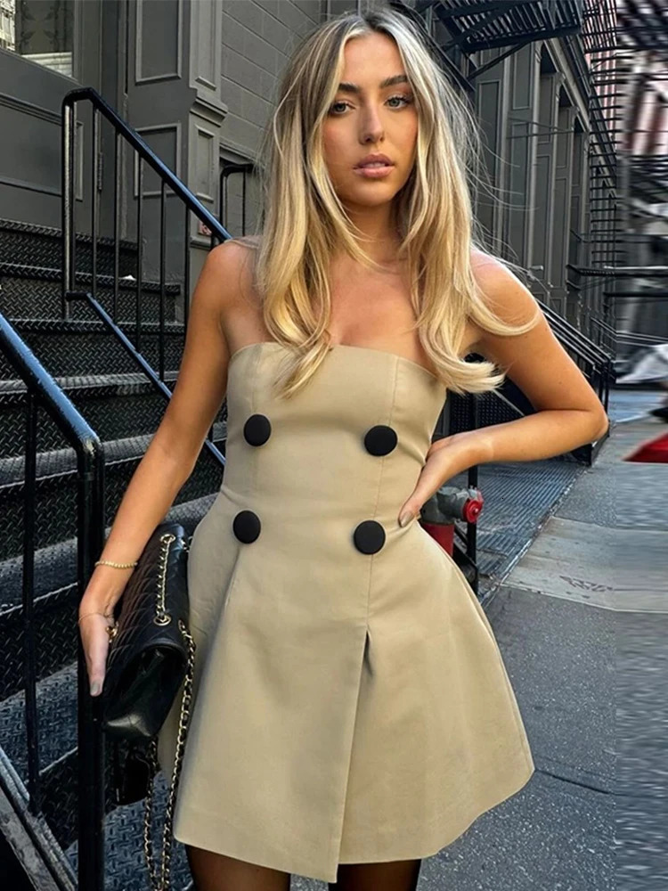Fashion Strapless Mini Dress Women Elegant Double-breasted Sleeveless Backless Party Dress Female Chic Short Evening Vestidos 241031