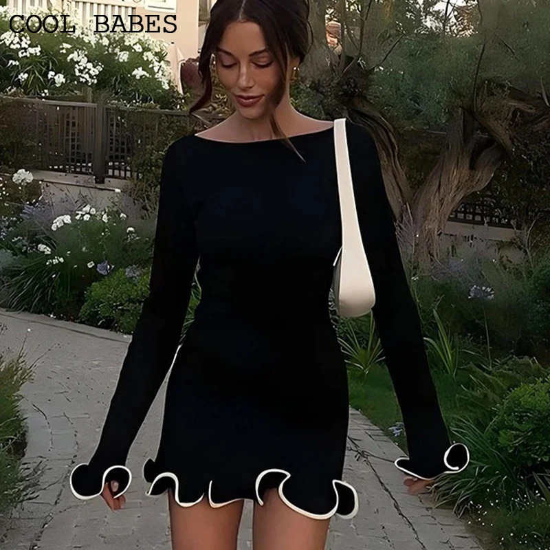 Womens Dress Elegant Party Ruffles Round Neck Long Sleeve Casual Slim Autumn Mini Dresses Lady Chic Street Black White Dress 241031
