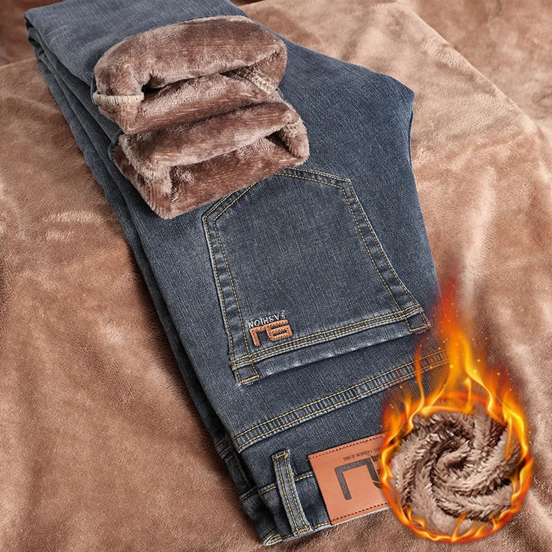 Classic Vintage Original Mens Winter Jeans Fleece Thick Warm Cotton Stretch Quality Clothing Fit Straight Nostalgic Denim Pants 241031