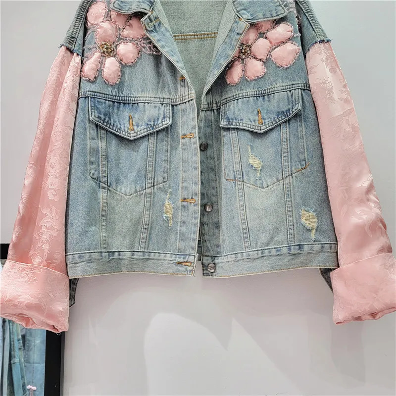 Vintage Frayed Big Pocket Embroidery Splice Denim Jacket Women Loose Short Cowboy Outerwear Long Sleeve Jeans Jacket Coat Female 241031