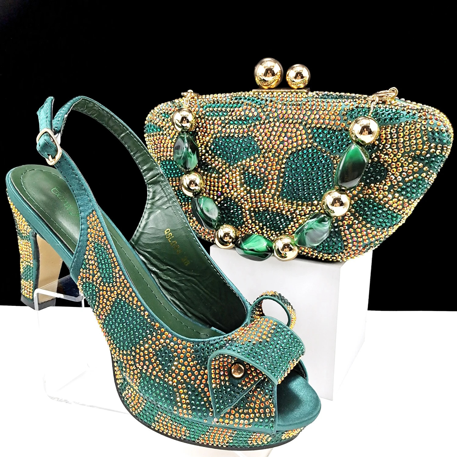 Gold Pointed Toe High Heels for Women Mixed Rhies Pumps Italian Shoes and Bags Matching Set For Elegant Party 38-43 250228
