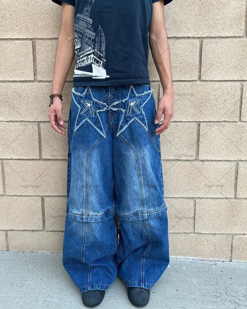 2024 Trendy Streetwear Trousers American Retro Embroidered Washed Distressed Baggy Jeans Men Gothic Punk Wide-leg Straight Pants 241031