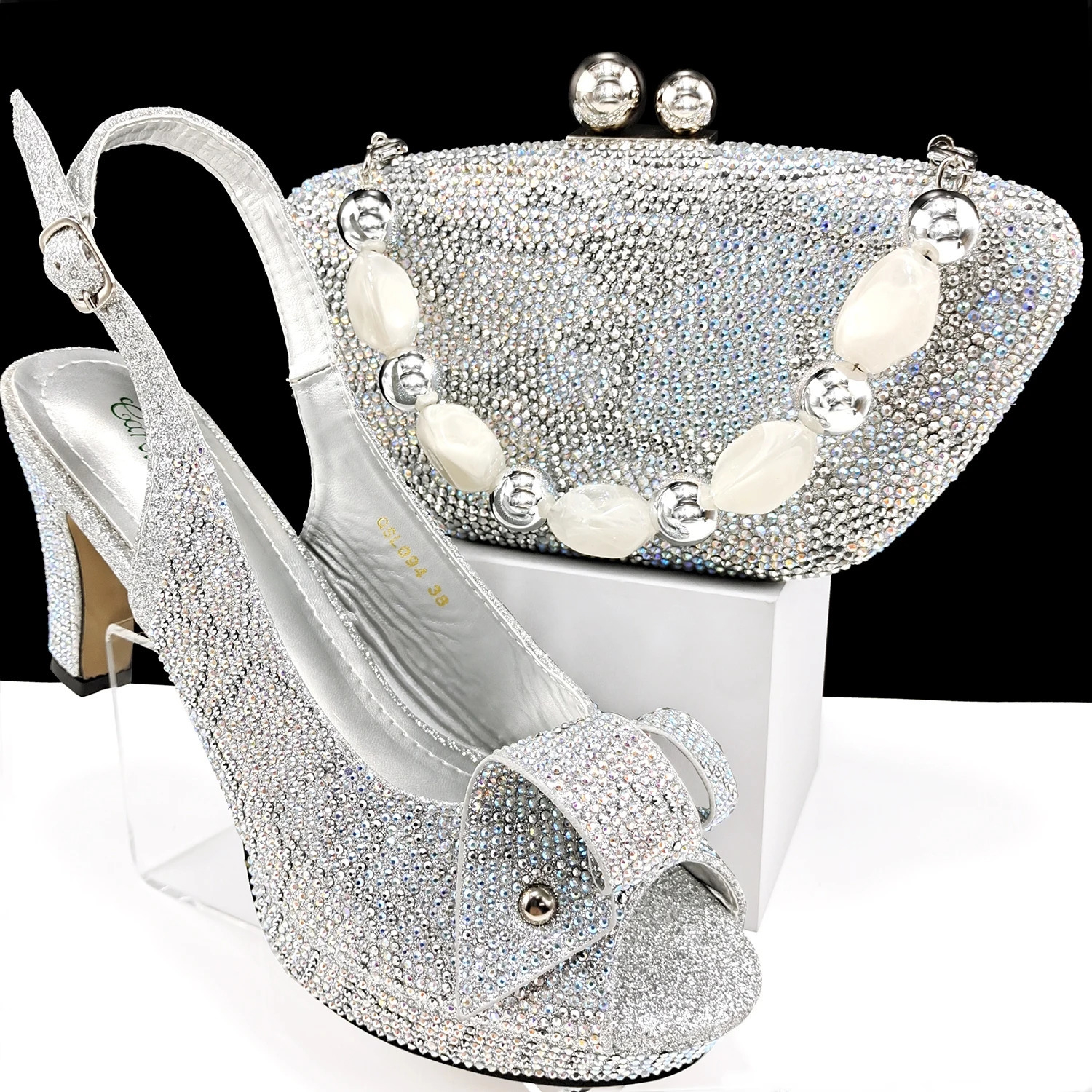 Gold Pointed Toe High Heels for Women Mixed Rhies Pumps Italian Shoes and Bags Matching Set For Elegant Party 38-43 250228