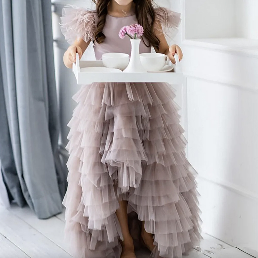 Flower Girls Dresses Appliques Spaghetti Straps Ball Gown Ruffles Tulle Wedding Bow Sash A Line Sequins Long Toddler Teens Pageant Party Gowns 0509