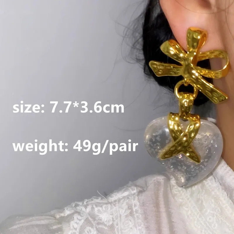 Vintage large drop earrings transparent love pendant gold metal womens jewelry elegant party gift 241031