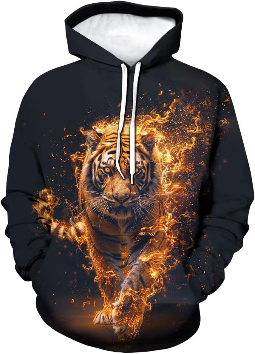 Hoodie for Mens Womens Novelty Tiger Hoodie Funny Animal Graphic Sweatshirts Graphic Hoodies sweatshirt Pullover Long Sleeve Fashionable and Warm