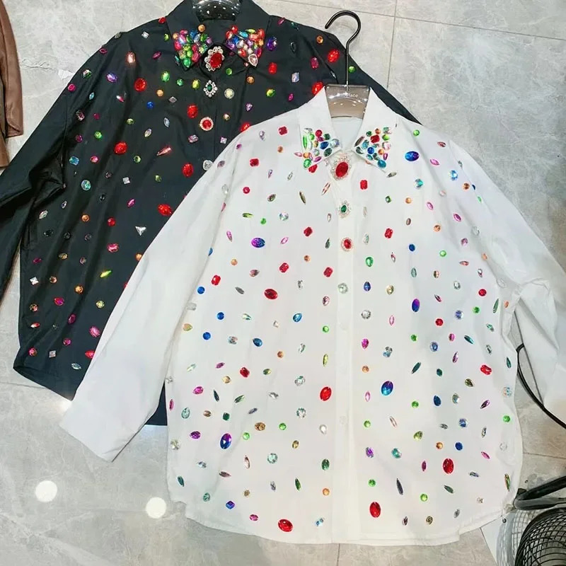 Female Rainbow Color Diamonds Shirts Rhinestones Beaded White Blouse Spring Fall Single Breasted Vintage OL Cardigan Tops Blusas 240321
