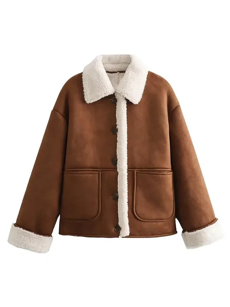 Womens caramel cashmere patch work suede coat retro single chest long sleeved pocket jacket winter thick warm womens coat 241031