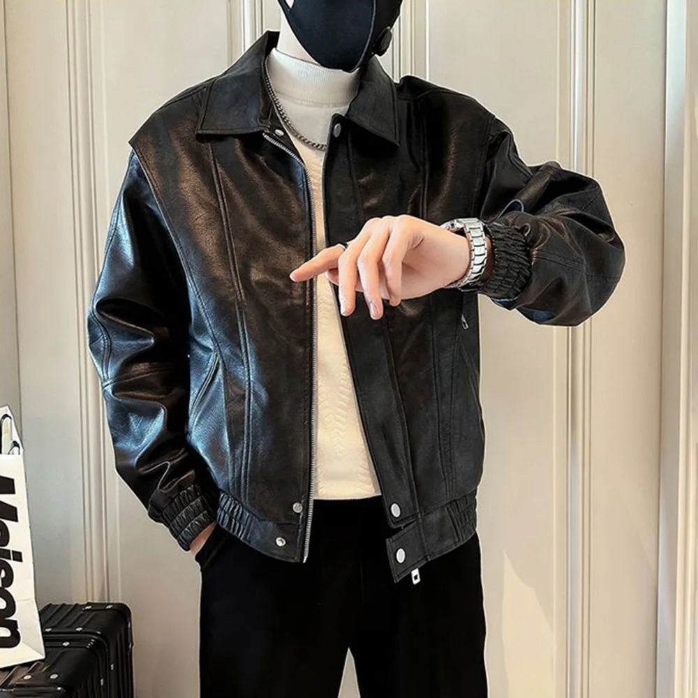 Mens leather jacket pocket zipper leather jacket autumn casual streetwear trend daily top mens unisex 241031