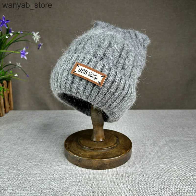 Wide Brim Hats Bucket Hats 24 New Cute Cats ears Wool Hat Women Rabbit Hair Knitted Hat Winter Thickened Warm Cap L240910