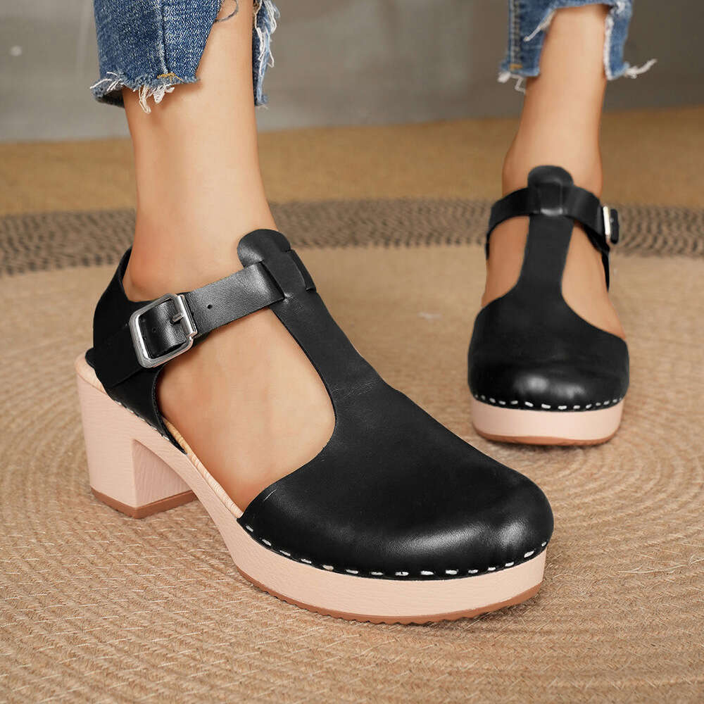European and American fashion women's shoes, thick heels, high heels, leather surface, T-shaped Roman holiday style, baotou sandals for women ddm