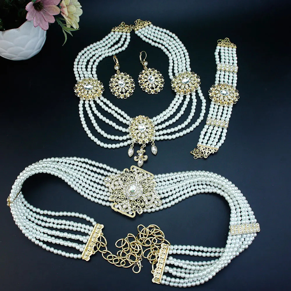 Neovisson Moroccan Fashion Style Jewelry Set Gold Pearl Caftan Beaded Necklace Crystal Earrings Bracelet Bridal Gift 241031