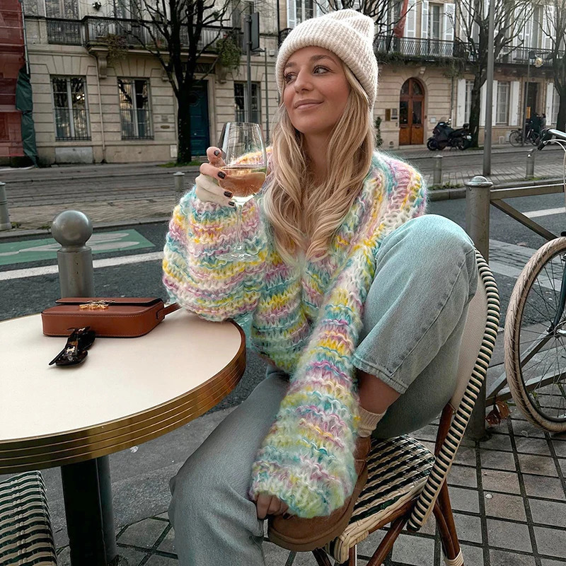 BUILDINGB Fashion Ladies V-Neck Long Sleeve Cardigan Autumn Streetwear Loose Coats Elegant Rainbow Crochet Hollow Knitted 240323