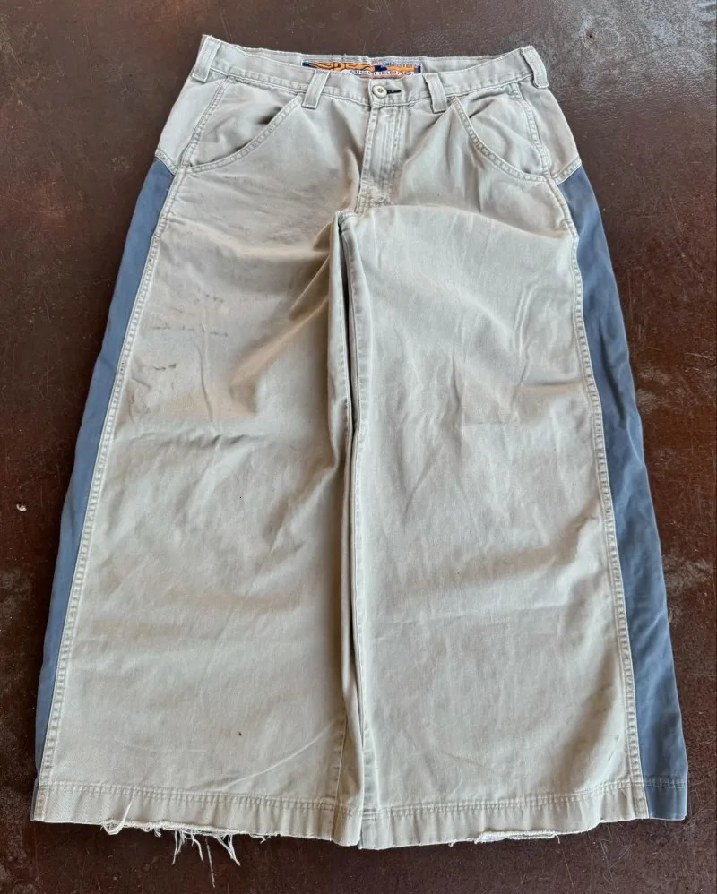 Vintage high-waisted large-pocket embroidered jeans Men street wear Blue and white oversized wide-leg pants Fashion casual pants 241031