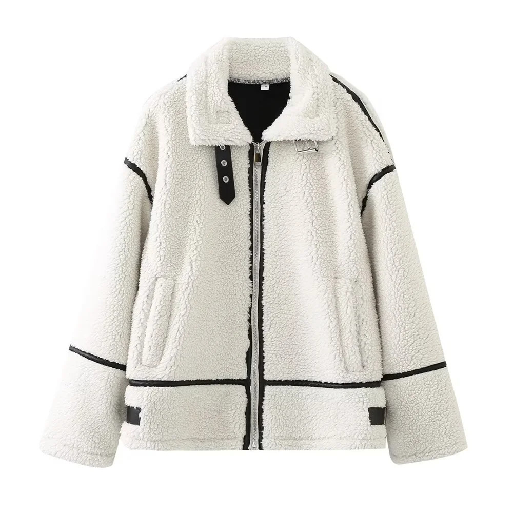 PB ZA 2023 Autumn Womens Wear European and American Style Casual Fur One Piece Lamb Wool Contrast Color Plush Warm Jacket C 241024