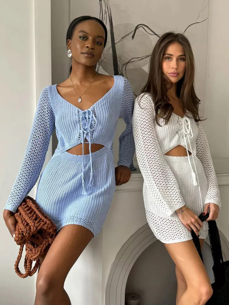 2024 Women Chic Crochet Tunic Knitted Dress Skeleton One Shoulder Wrap Chest Ladies Long Sleeve Slim Knit Mini Dresses A3096 241031