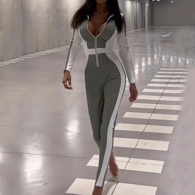 Wefads Women Jumpsuit Autumn Fashion Lapel Long Sleeve Color Block Zipper Romper Casual Bodycon Tracksuit High Streetwear 241031