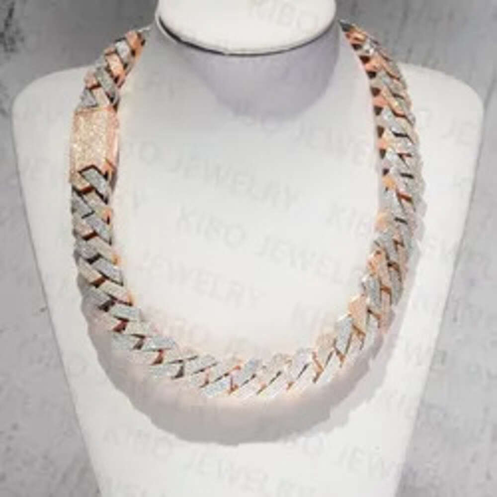 Iced Out Two Tone Vvs Moissanite Necklace 925 Sterling Silver and Rose Gold Plated Big Huge 18mm Cuban Link Chain