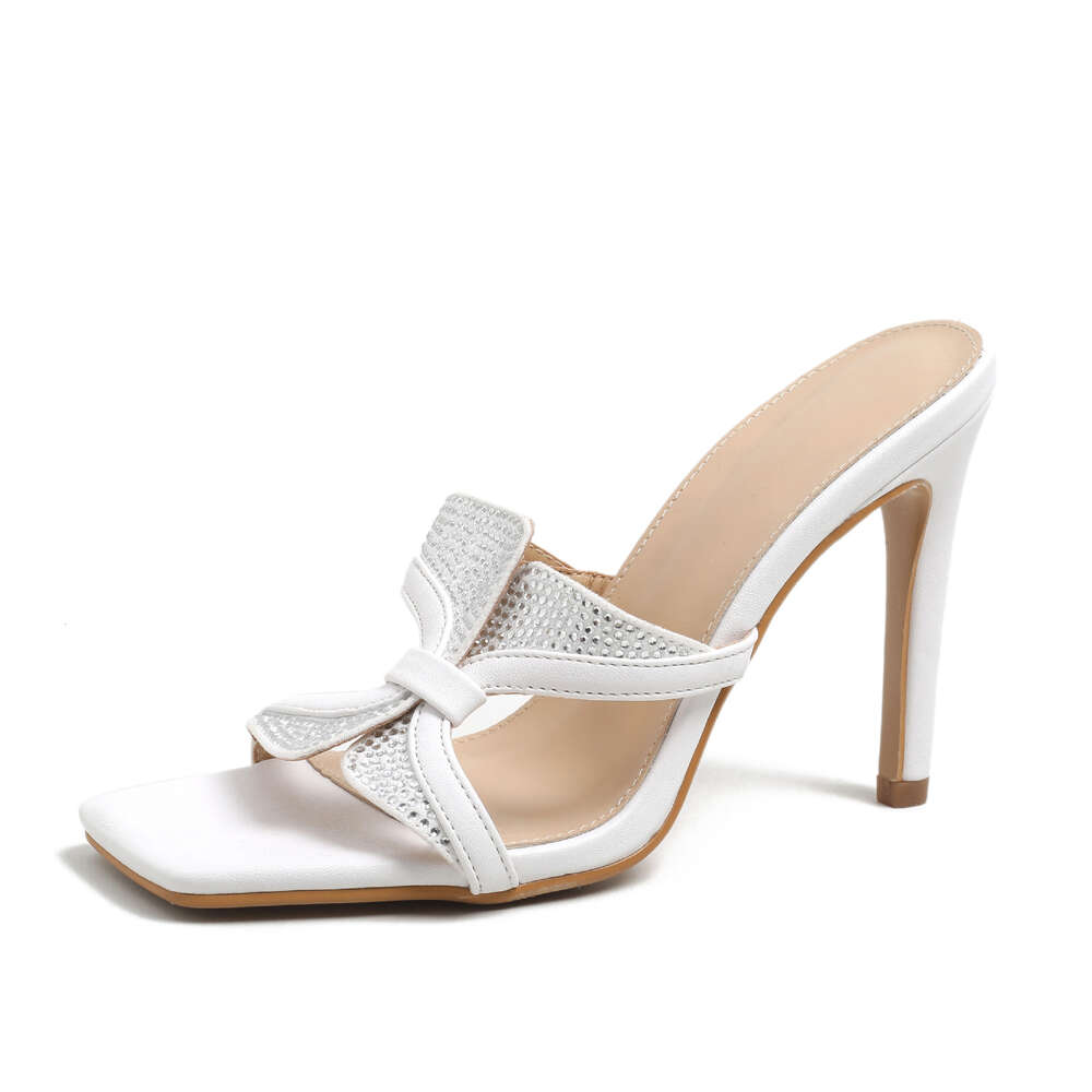 Women's shoes, white rhinestone herringbone bow, European and American slim high heels, square toe high heels, sandals and slippers ddmythur