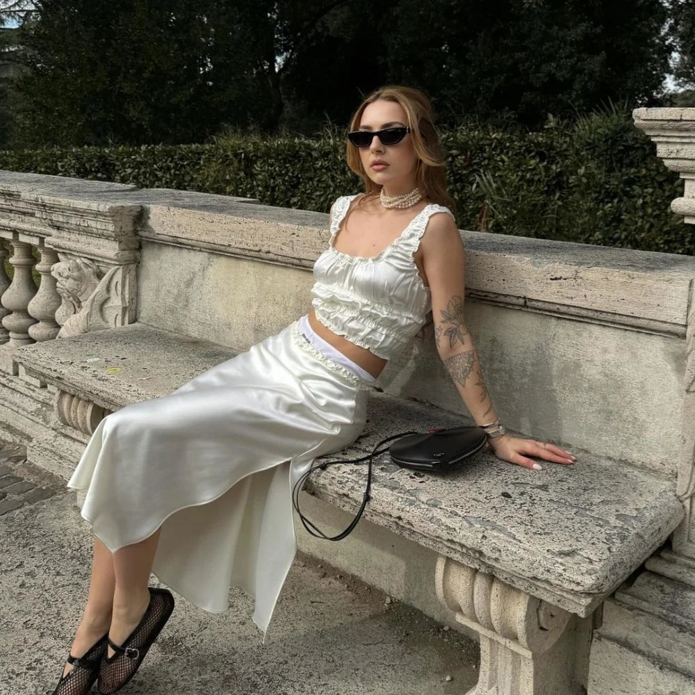 PB ZA Spring Womens Fashion and Temperament Layered Decoration Silk Satin Texture TopHalf Skirt Set 240319