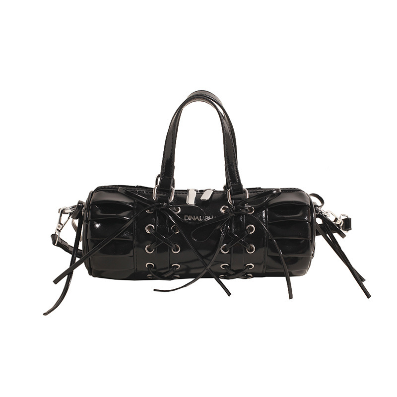 Punk rivet motorcycle women's minimalist style, drawstring, bow tie, stick bag, sweet, cool, spicy girl, hand-held dinner bag