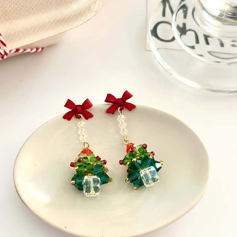 Christmas Tree Dangle Earrings for Women Exquisite Cute Red Bow Earring Shiny Ear Accessories Trendy Festival Jewelry 241031