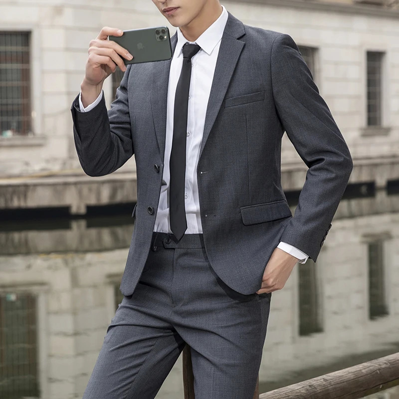 Highquality Professional Business Suit suit Trousers Mens Fashion Wedding Handsome Solid Color Casual Twopiece Set 241031