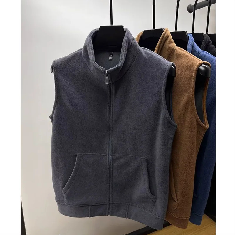 Autumn Winter Polar Fleece Vest Men Windproof Outdoor Warm Sleeveless Double Sided Coat 2024 Plush Stand Collar Casual Waistcoat 241031