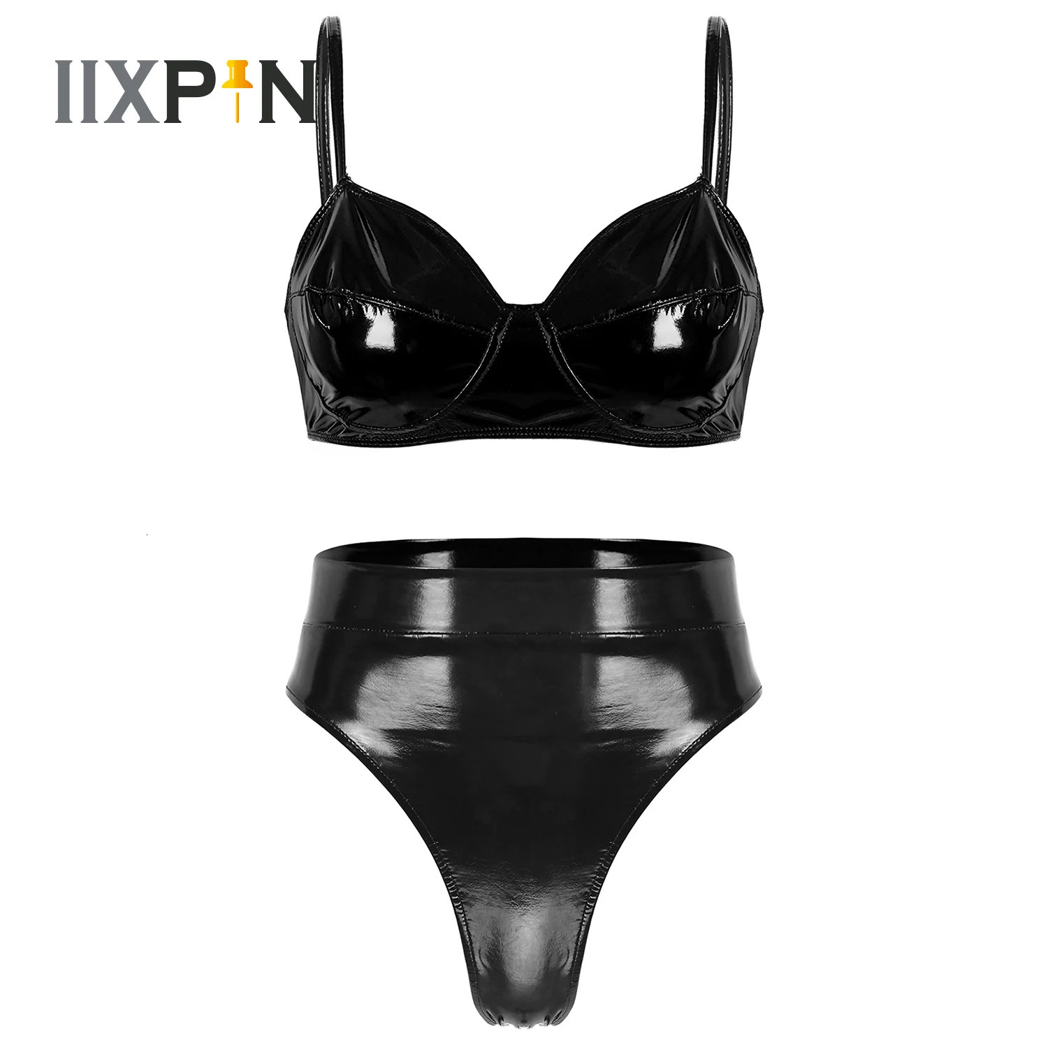 Patent Leather Bikini Lingerie Set Womens Sexy Wetlook Bra TopBack Buckle Briefs Underwear Latex Pole Dancing Party Clubwear 241031