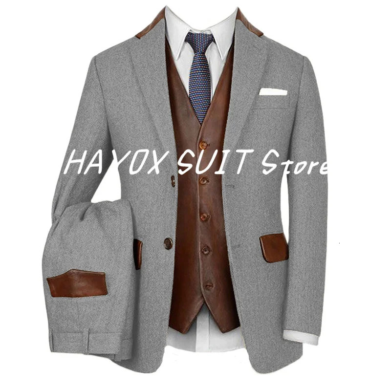 2024 Mens Suits Vintage Light Beige Tweed Slim Fit Single Breasted Suit Two Piece For Wedding Herringbone Dresses 241024