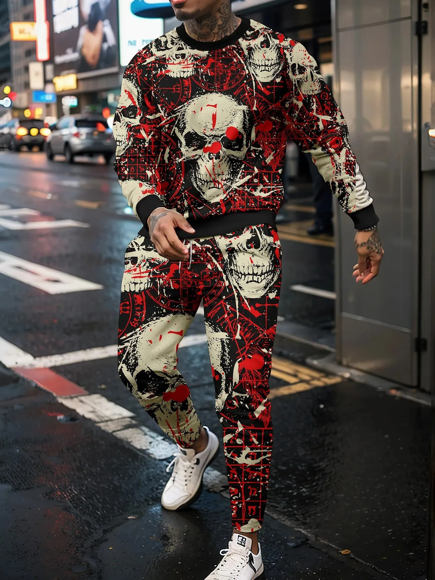 Latest Retro Mens Tracksuit Set 3D Skull Printed Personalized Pullover Long Pants Street Youth Fashion Loose High Quality Sets 241024