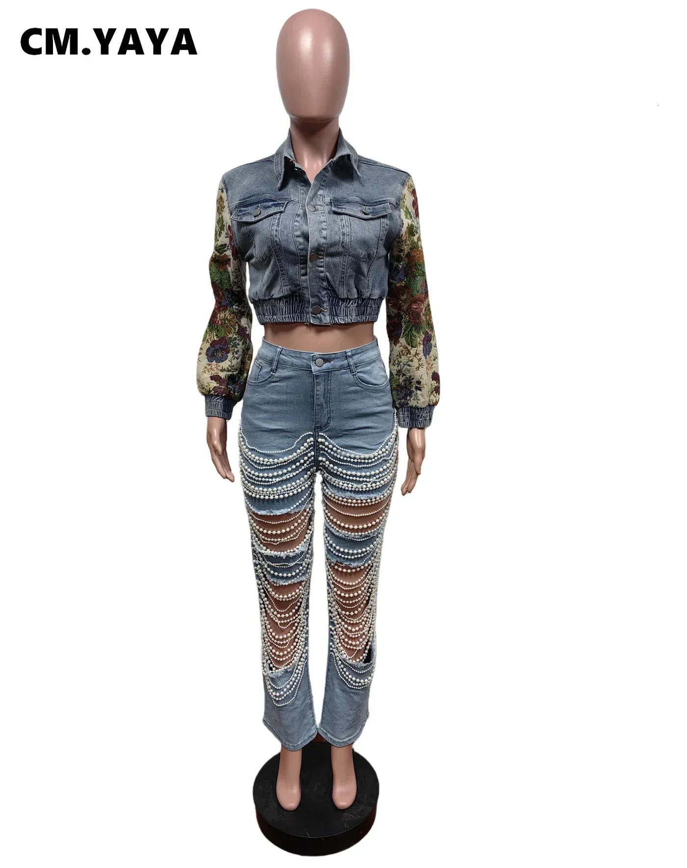 CM.YAYA Women Fashion Floral Printed Long Sleeve Patchwork Denim Jacket 2024 Fall Winter Female Streetwear Jean Denim Coat 241031