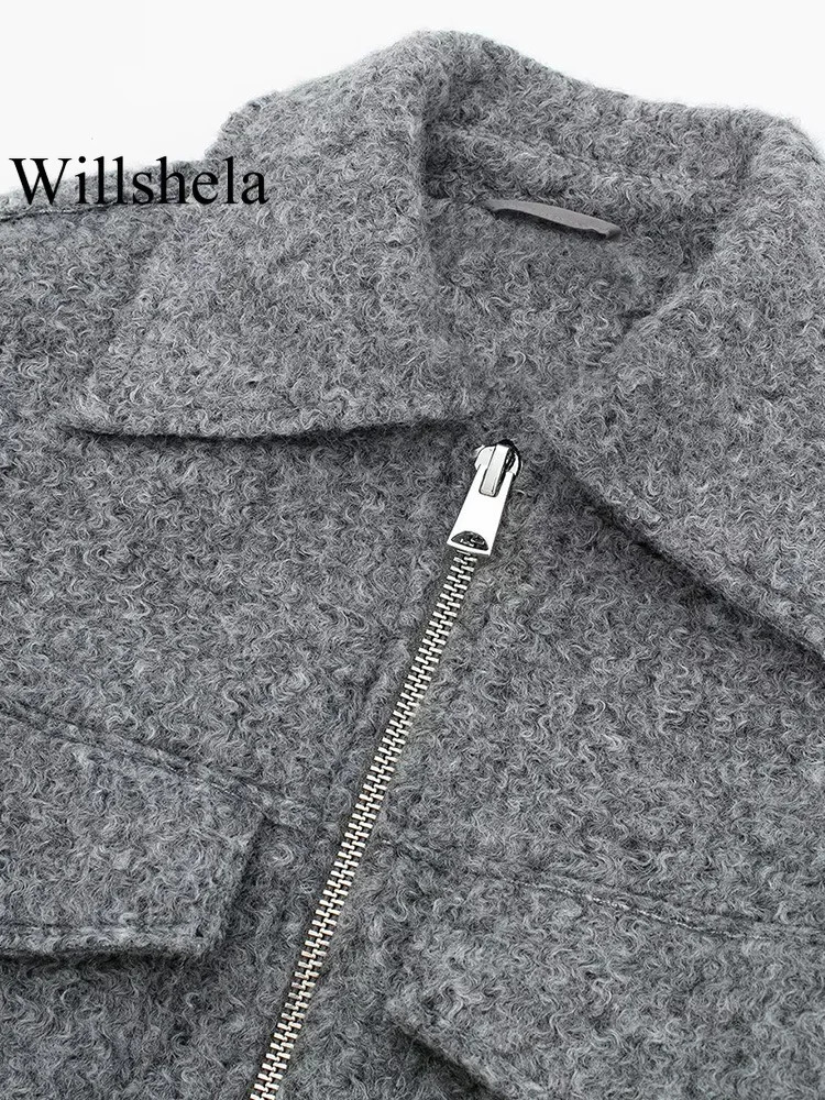 Willshela Women Fashion With Pockets Grey Front Zipper Jackets Vintage Lapel Neck Long Sleeves Female Chic Lady Outfits 241024