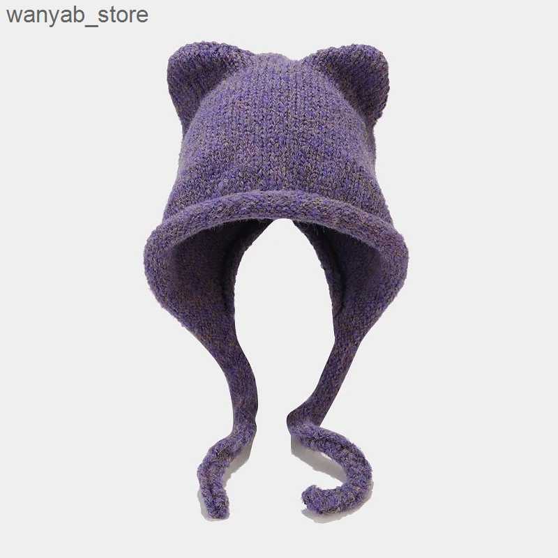 Wide Brim Hats Bucket Hats VISROVER New 6 Colors Unisex Solid Color Women Winter Hat With Long Cat Ear Warm Wool Beanies Acrylic Female Skulli Gift L2