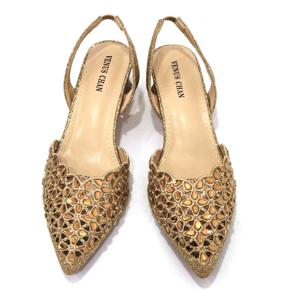 Venus Chan Low Heel For Women Hollowed Out Embroidery Rhie Italian Design Gold Color Pointed-Toe Shoes And Bags Set 241110